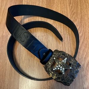 Just Cavalli Authentic Black Letter Women’s Bling Gold Hardware Belt Sz 130/115